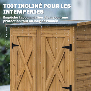 Abri de Rangement en Bois, Cabane de Jardin avec 2 Étagères, Double Portes et Loquets, Armoire à Outils avec Toit Incliné pour Terrasse, Jardin, Garage, Marron