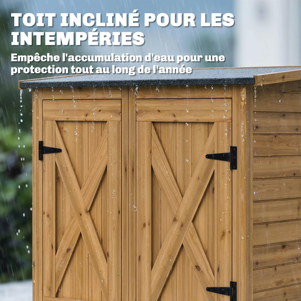 Abri de Rangement en Bois, Cabane de Jardin avec 2 Étagères, Double Portes et Loquets, Armoire à Outils avec Toit Incliné pour Terrasse, Jardin, Garage, Marron