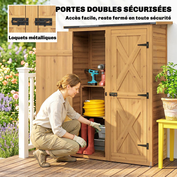 Abri de Rangement en Bois, Cabane de Jardin avec 2 Étagères, Double Portes et Loquets, Armoire à Outils avec Toit Incliné pour Terrasse, Jardin, Garage, Marron