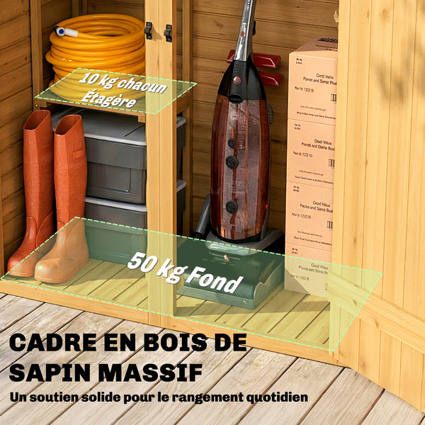 Abri de Rangement en Bois, Cabane de Jardin avec 2 Étagères, Double Portes et Loquets, Armoire à Outils avec Toit Incliné pour Terrasse, Jardin, Garage, Marron