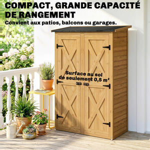 Abri de Rangement en Bois, Cabane de Jardin avec 2 Étagères, Double Portes et Loquets, Armoire à Outils avec Toit Incliné pour Terrasse, Jardin, Garage, Marron