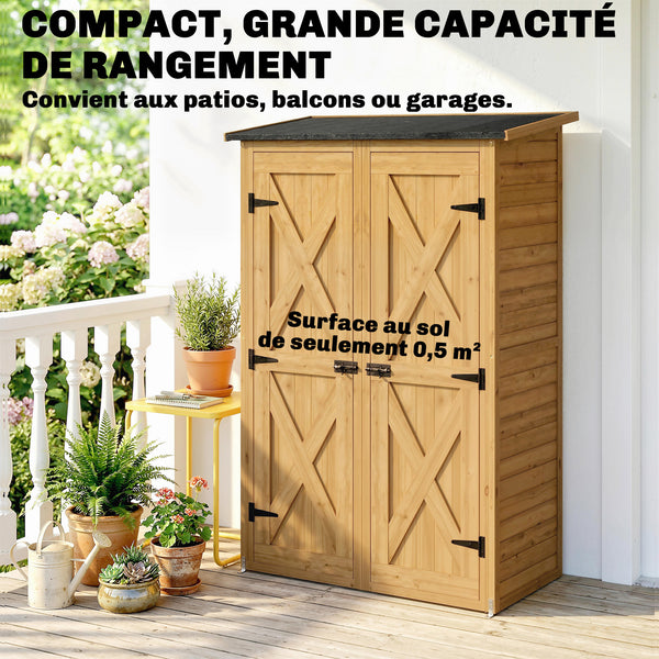 Abri de Rangement en Bois, Cabane de Jardin avec 2 Étagères, Double Portes et Loquets, Armoire à Outils avec Toit Incliné pour Terrasse, Jardin, Garage, Marron