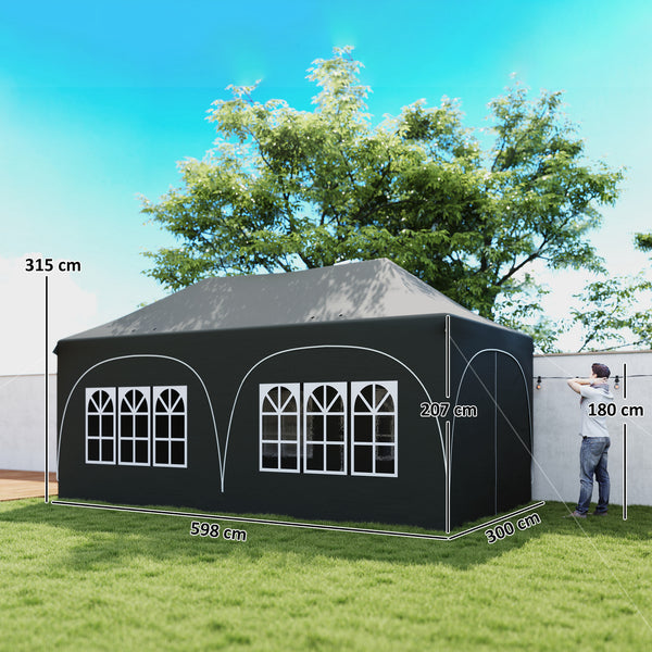 Tonnelle pliante 3x6m imperméable anti-UV, barnum avec 6 parois & 6 sacs de sable - tente de réception 12 trous de drainage - pavillon pop-up, 4 fenêtres église pour mariage, marché - gris