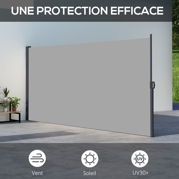 Store latéral Brise-Vue paravent rétractable de jardin dim. 3L x 1,8H m alu. Polyester Anti-UV Haute densité 180 g/m² Gris clair
