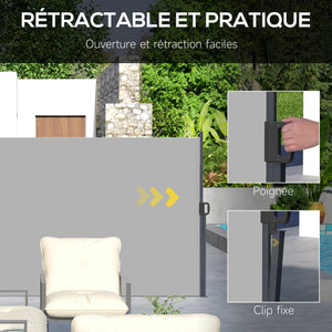 Store latéral Brise-Vue paravent rétractable de jardin dim. 3L x 1,8H m alu. Polyester Anti-UV Haute densité 180 g/m² Gris clair