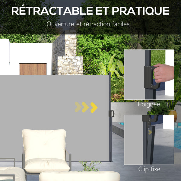 Store latéral Brise-Vue paravent rétractable de jardin dim. 3L x 1,8H m alu. Polyester Anti-UV Haute densité 180 g/m² Gris clair