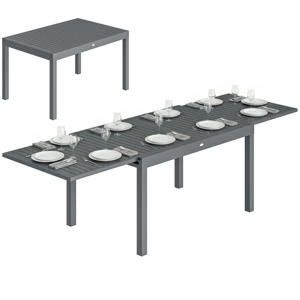 Table de Jardin Extensible pour 6 à 10 Personnes, Table de Salle à Manger Extérieure en Aluminium avec Plateau à Lattes, Patins Réglables, 270/135 x 90 x 75 cm, Gris Foncé