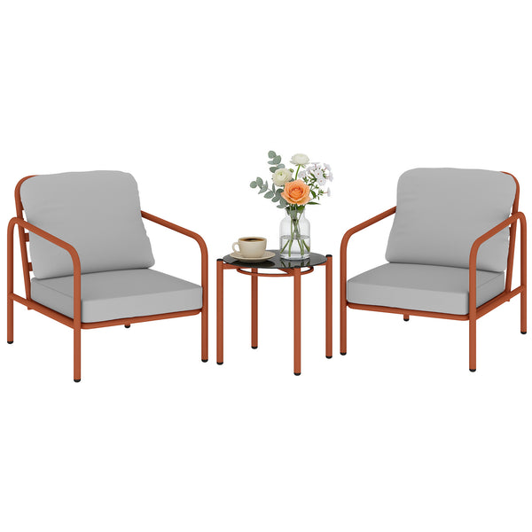 Salon de Jardin 3 Pièces, 2 Fauteuils avec Coussins Amovibles Épais, 1 Table Basse avec Plateau en Verre Trempé, Cadre en Acier, Ensemble de Jardin pour Patio Balcon Terrasse, Rouge Vineux