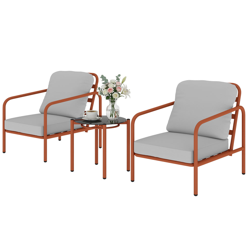Salon de Jardin 3 Pièces, 2 Fauteuils avec Coussins Amovibles Épais, 1 Table Basse avec Plateau en Verre Trempé, Cadre en Acier, Ensemble de Jardin pour Patio Balcon Terrasse, Rouge Vineux
