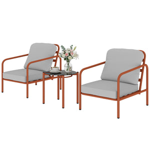 Salon de Jardin 3 Pièces, 2 Fauteuils avec Coussins Amovibles Épais, 1 Table Basse avec Plateau en Verre Trempé, Cadre en Acier, Ensemble de Jardin pour Patio Balcon Terrasse, Rouge Vineux