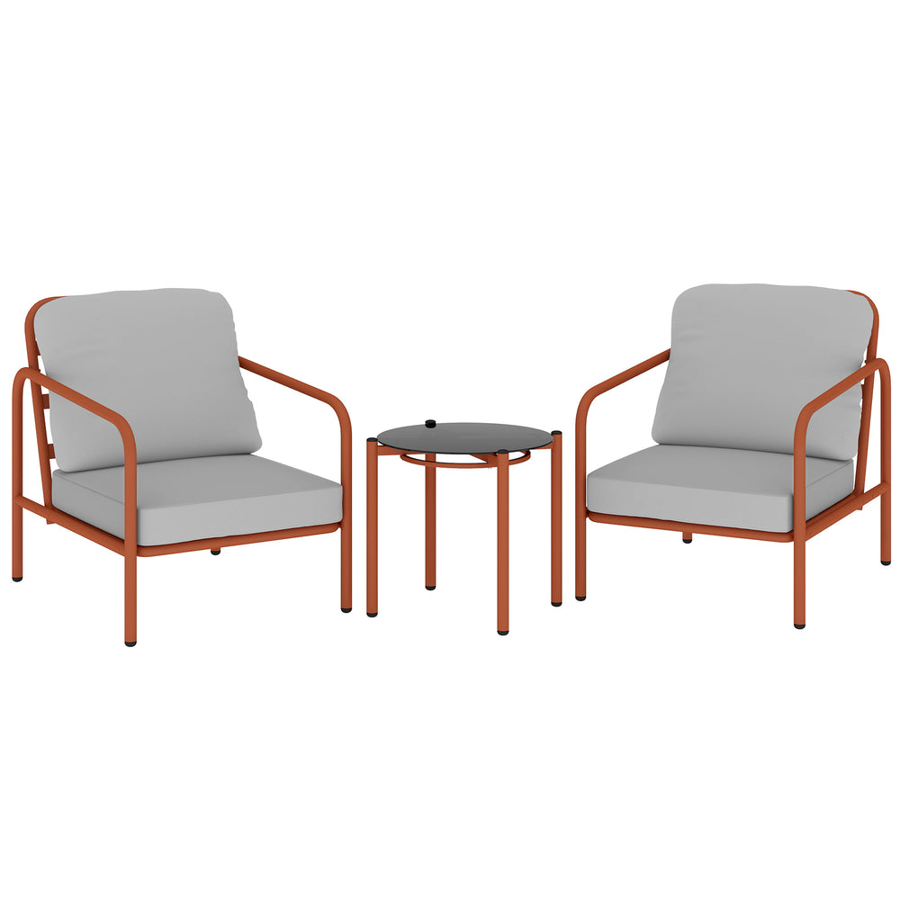Salon de Jardin 3 Pièces, 2 Fauteuils avec Coussins Amovibles Épais, 1 Table Basse avec Plateau en Verre Trempé, Cadre en Acier, Ensemble de Jardin pour Patio Balcon Terrasse, Rouge Vineux