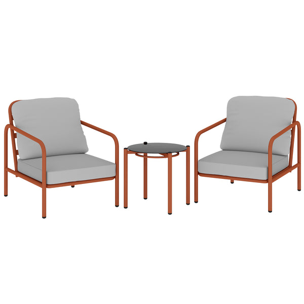 Salon de Jardin 3 Pièces, 2 Fauteuils avec Coussins Amovibles Épais, 1 Table Basse avec Plateau en Verre Trempé, Cadre en Acier, Ensemble de Jardin pour Patio Balcon Terrasse, Rouge Vineux