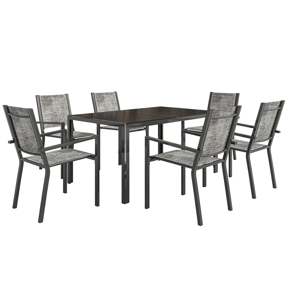 Salon de jardin extérieur 7 pièces, table de jardin extérieure avec 6 chaises empilables, plateau à lattes 150 cm, structure en acier anti-rouille, mobilier de jardin, terrasse, patio, noir