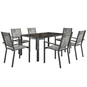 Salon de jardin extérieur 7 pièces, table de jardin extérieure avec 6 chaises empilables, plateau à lattes 150 cm, structure en acier anti-rouille, mobilier de jardin, terrasse, patio, noir