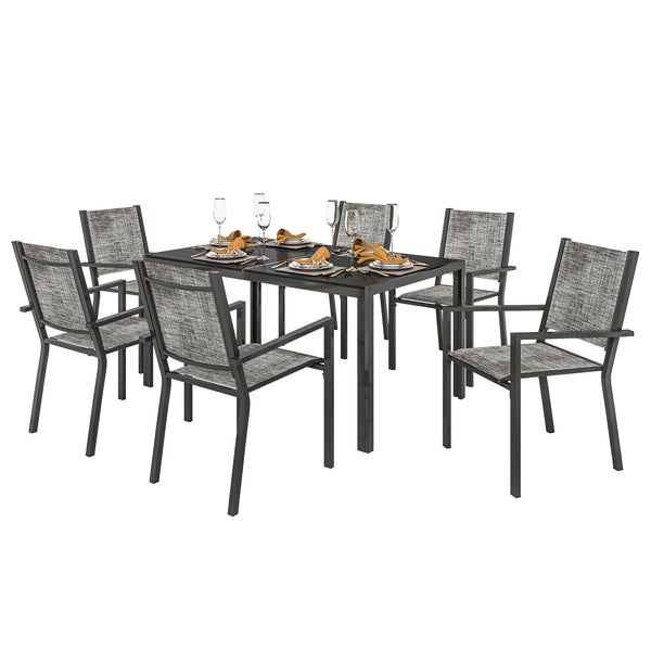 Salon de jardin extérieur 7 pièces, table de jardin extérieure avec 6 chaises empilables, plateau à lattes 150 cm, structure en acier anti-rouille, mobilier de jardin, terrasse, patio, noir