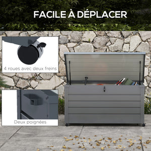 Coffre de rangement extérieur 311L coffre de jardin avec vérin à gaz, roulettes et poignée, en acier galvanisé, 120x62x66 cm, gris