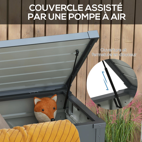 Coffre de rangement extérieur 311L coffre de jardin avec vérin à gaz, roulettes et poignée, en acier galvanisé, 120x62x66 cm, gris