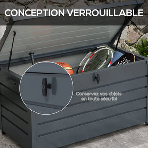Coffre de rangement extérieur 311L coffre de jardin avec vérin à gaz, roulettes et poignée, en acier galvanisé, 120x62x66 cm, gris