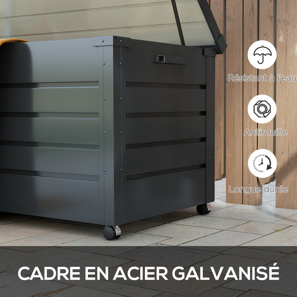 Coffre de rangement extérieur 311L coffre de jardin avec vérin à gaz, roulettes et poignée, en acier galvanisé, 120x62x66 cm, gris
