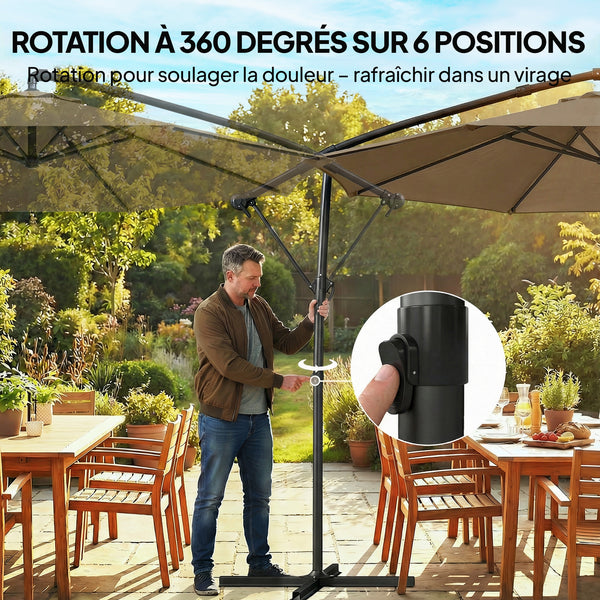 Parasol déporté rond 3 m, parasol de jardin extérieur avec housse de protection, parasol inclinable, manivelle et rotation à 360°, toile polyester 180 g/m², protection UV UPF50+, kaki