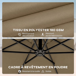 Parasol déporté rond 3 m, parasol de jardin extérieur avec housse de protection, parasol inclinable, manivelle et rotation à 360°, toile polyester 180 g/m², protection UV UPF50+, kaki