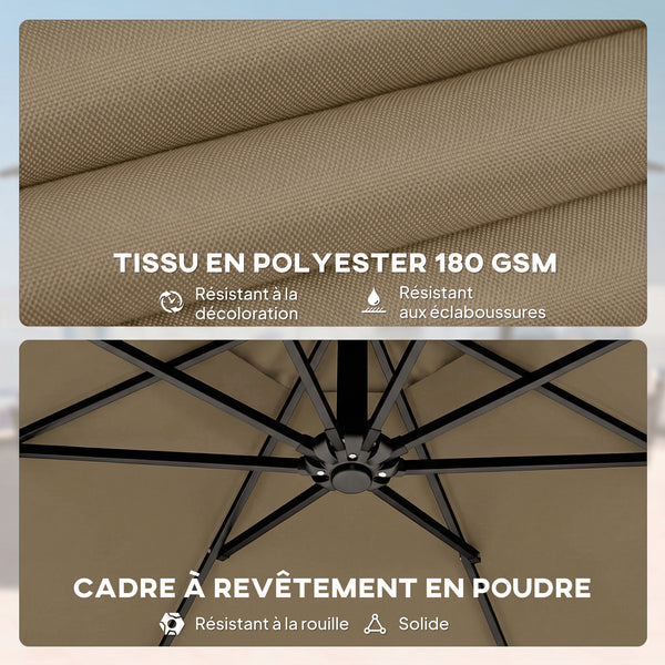 Parasol déporté rond 3 m, parasol de jardin extérieur avec housse de protection, parasol inclinable, manivelle et rotation à 360°, toile polyester 180 g/m², protection UV UPF50+, kaki