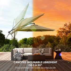 Parasol déporté rond 3 m, parasol de jardin extérieur avec housse de protection, parasol inclinable, manivelle et rotation à 360°, toile polyester 180 g/m², protection UV UPF50+, kaki