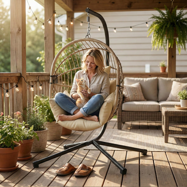 Fauteuil Suspendu, Fauteuil Œuf Suspendu, Chaise Hamac Balançoire - Panier Pliable, Coussin Rembourré, Poche, Oreiller, Chaise Suspendue Cocooning Intérieur et Extérieur, Kaki