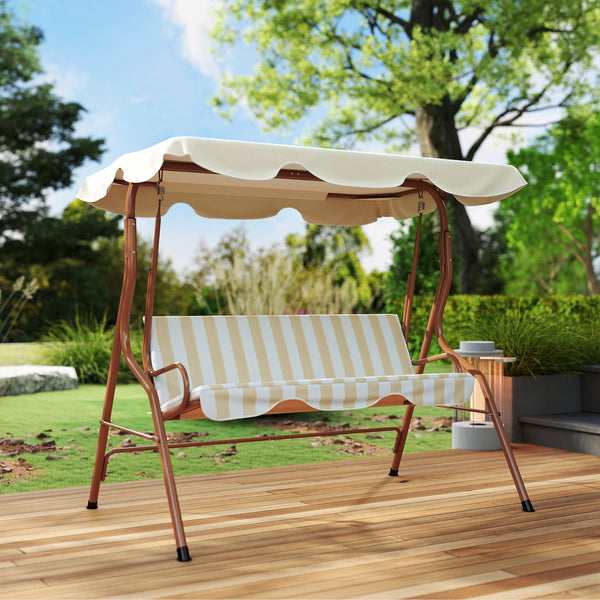 Balancelle de Jardin 3 Places Toit imperméabilisé Inclinaison réglable Coussins Assise Dossier 1,7L x 1,1l x 1,53H m Acier Polyester marron crème rayé