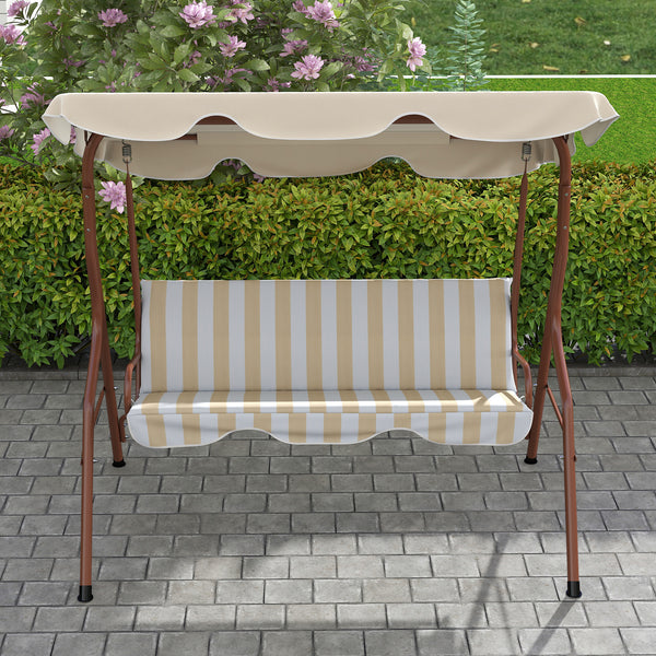 Balancelle de Jardin 3 Places Toit imperméabilisé Inclinaison réglable Coussins Assise Dossier 1,7L x 1,1l x 1,53H m Acier Polyester marron crème rayé