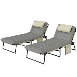 Lot de 2 transats bains de soleil pliable avec dossier inclinable 4 positions - appui-tête et Matelas épais ultra confortable - tissu textilène et acier, crème