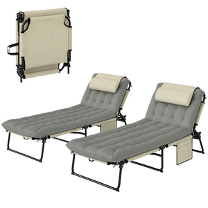 Lot de 2 transats bains de soleil pliable avec dossier inclinable 4 positions - appui-tête et Matelas épais ultra confortable - tissu textilène et acier, crème