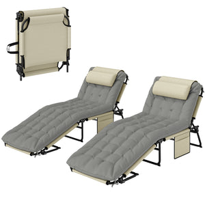 Lot de 2 transats bains de soleil pliable avec dossier inclinable 4 positions - appui-tête et Matelas épais ultra confortable - tissu textilène et acier, crème