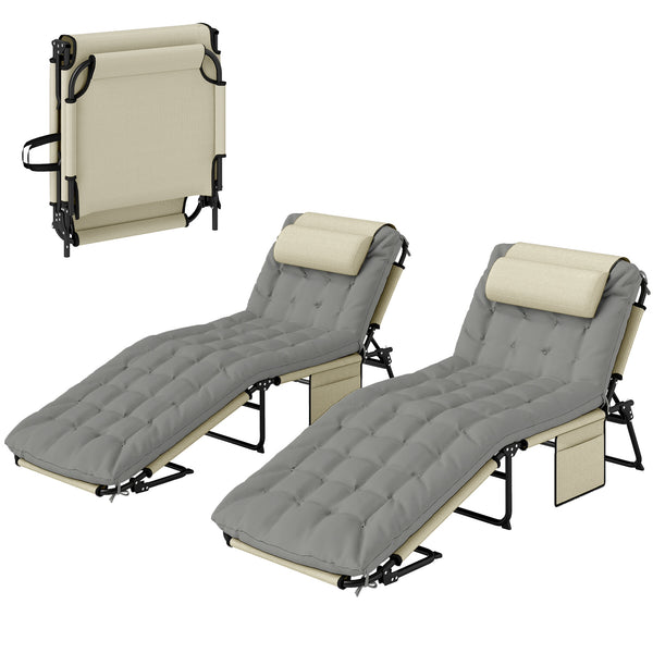 Lot de 2 transats bains de soleil pliable avec dossier inclinable 4 positions - appui-tête et Matelas épais ultra confortable - tissu textilène et acier, crème