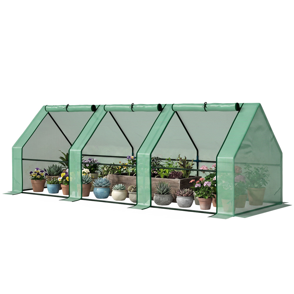 Mini Serre de Jardin mini serre tunnel 270L x 90l x 90H cm cm toit pointu Acier PE Haute densité 140 g/m² Anti-UV 3 fenêtres avec Zip enroulables Vert