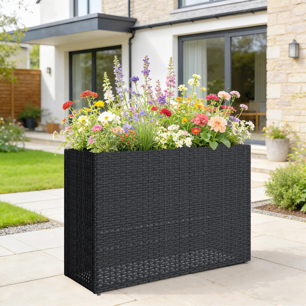 Jardinière surélevée en résine tressée, support de fleurs avec bac amovible et pieds réglables, cadre en acier, pour fleurs et légumes dans patio, balcon, terrasse, noir