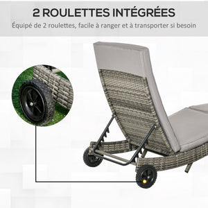 Bain de soleil transat grand confort - dossier inclinable 5 positions roulettes - matelas déhoussable inclus - résine tressée grise