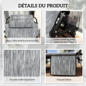 Lot de 2 transats bains de soleil pliable avec dossier inclinable 4 positions - appui-tête et Matelas épais ultra confortable - tissu textilène et acier, gris