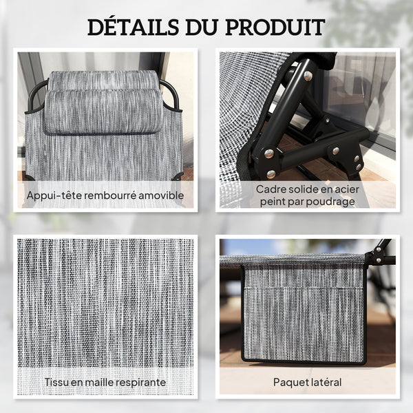 Lot de 2 transats bains de soleil pliable avec dossier inclinable 4 positions - appui-tête et Matelas épais ultra confortable - tissu textilène et acier, gris