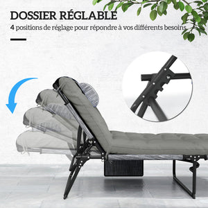 Lot de 2 transats bains de soleil pliable avec dossier inclinable 4 positions - appui-tête et Matelas épais ultra confortable - tissu textilène et acier, gris