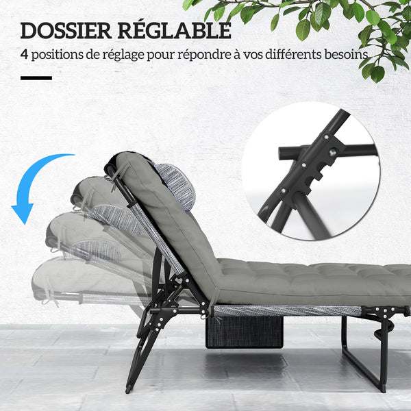 Lot de 2 transats bains de soleil pliable avec dossier inclinable 4 positions - appui-tête et Matelas épais ultra confortable - tissu textilène et acier, gris