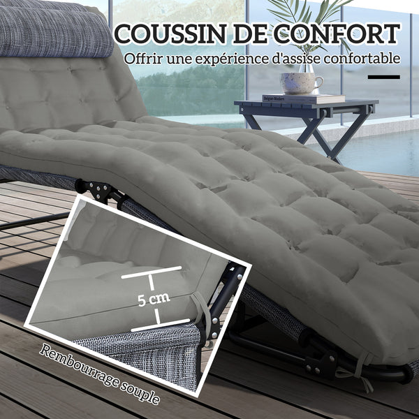 Lot de 2 transats bains de soleil pliable avec dossier inclinable 4 positions - appui-tête et Matelas épais ultra confortable - tissu textilène et acier, gris