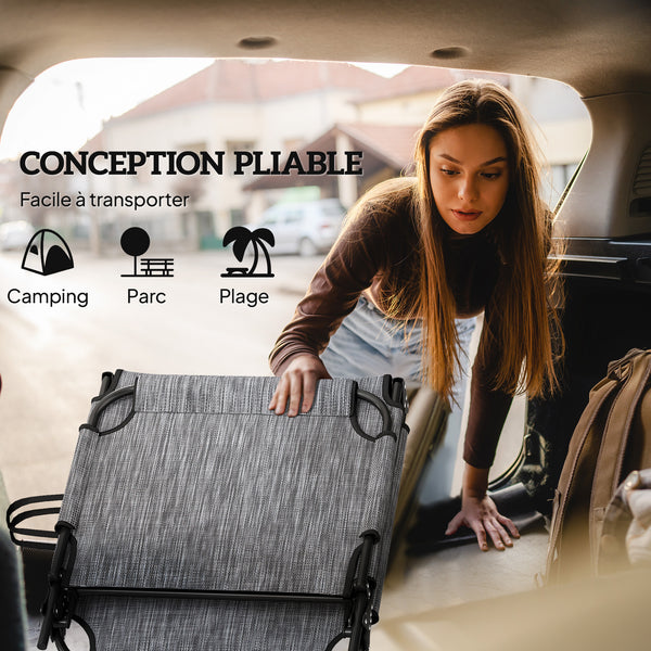 Lot de 2 transats bains de soleil pliable avec dossier inclinable 4 positions - appui-tête et Matelas épais ultra confortable - tissu textilène et acier, gris
