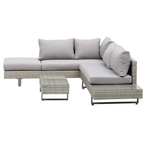 Salon de jardin extérieur d'angle 5 places design contemporain coussins déhoussables table basse acier époxy résine tressée grise
