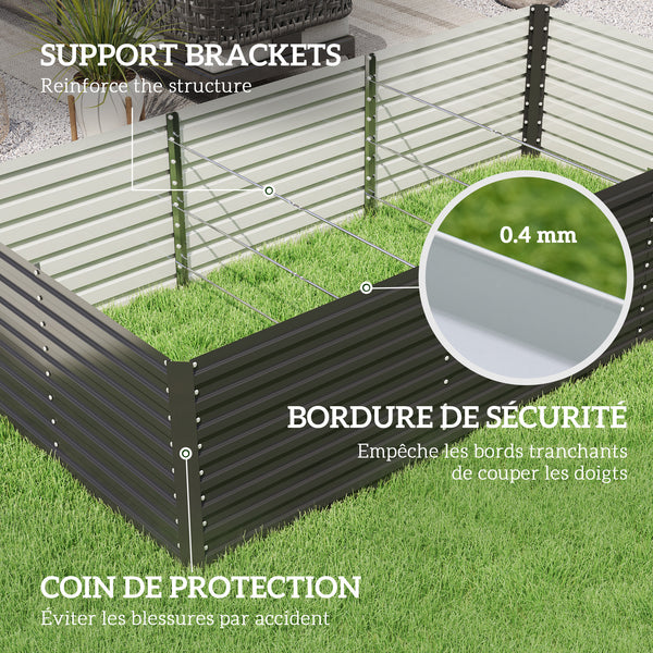 Jardinière extérieure, jardinière surélevée galvanisée, carré potager de jardin rectangulaire avec bordure de sécurité et fond ouvert, pour fleurs, herbes et légumes, 240 x 120 x 60 cm, gris