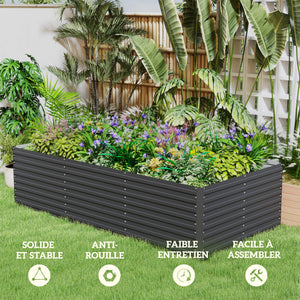Jardinière extérieure, jardinière surélevée galvanisée, carré potager de jardin rectangulaire avec bordure de sécurité et fond ouvert, pour fleurs, herbes et légumes, 240 x 120 x 60 cm, gris
