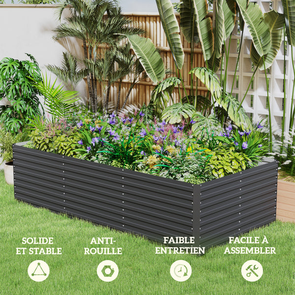 Jardinière extérieure, jardinière surélevée galvanisée, carré potager de jardin rectangulaire avec bordure de sécurité et fond ouvert, pour fleurs, herbes et légumes, 240 x 120 x 60 cm, gris