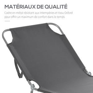 Bain de Soleil transat Pliable Dossier réglable Multipositions métal et Polyester Gris