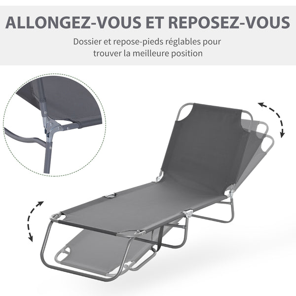 Bain de Soleil transat Pliable Dossier réglable Multipositions métal et Polyester Gris