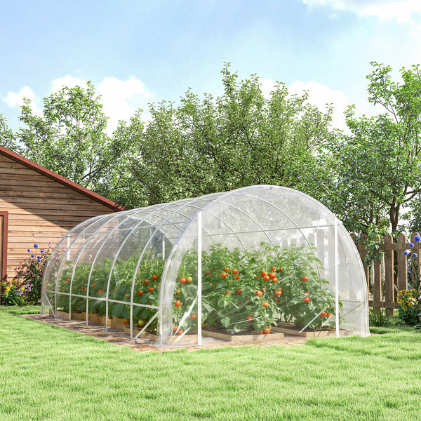 Serre tunnel de jardin 18m², serre de jardin tunnel 296x597x199cm avec cadre acier galvanisé, 2 portes, bâche PE haute densité 150g/m² prolongée de 20 cm, pour extérieur transparent